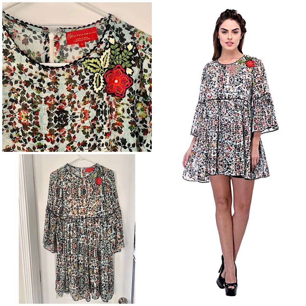Anthropologie Bhanuni By Jyoti Libra Dress Floral Embroidered Bell Sleeve